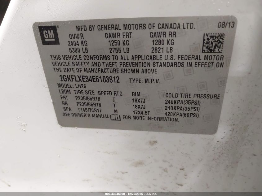 2014 GMC Terrain Slt-1 VIN: 2GKFLXE34E6103812 Lot: 43946960