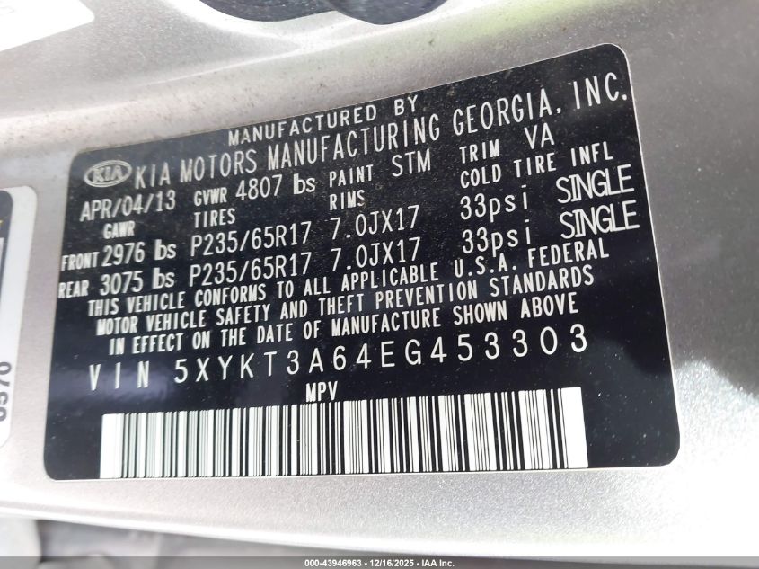 2014 Kia Sorento Lx VIN: 5XYKT3A64EG453303 Lot: 43946963