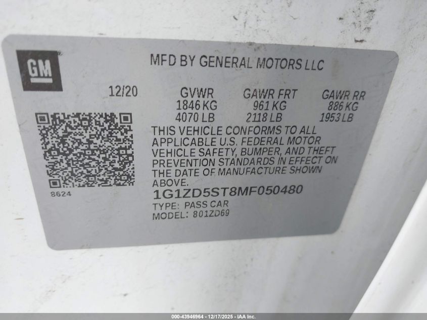 2021 Chevrolet Malibu Fwd Lt VIN: 1G1ZD5ST8MF050480 Lot: 43946964