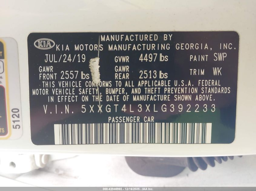 2020 Kia Optima Lx VIN: 5XXGT4L3XLG392233 Lot: 43946965