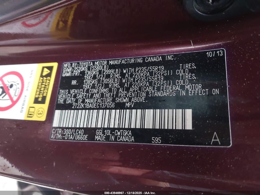 2014 Lexus Rx 350 VIN: 2T2ZK1BA0EC137056 Lot: 43946967