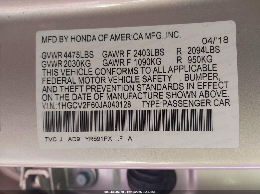 2018 Honda Accord Ex-L 2.0T VIN: 1HGCV2F60JA040128 Lot: 43946970