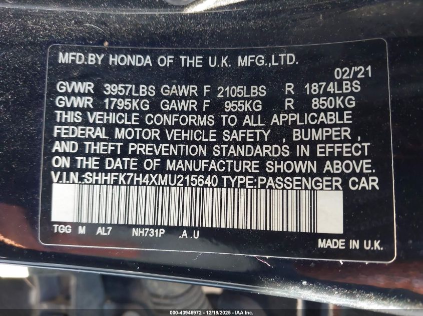 2021 Honda Civic Sport VIN: SHHFK7H4XMU215640 Lot: 43946972