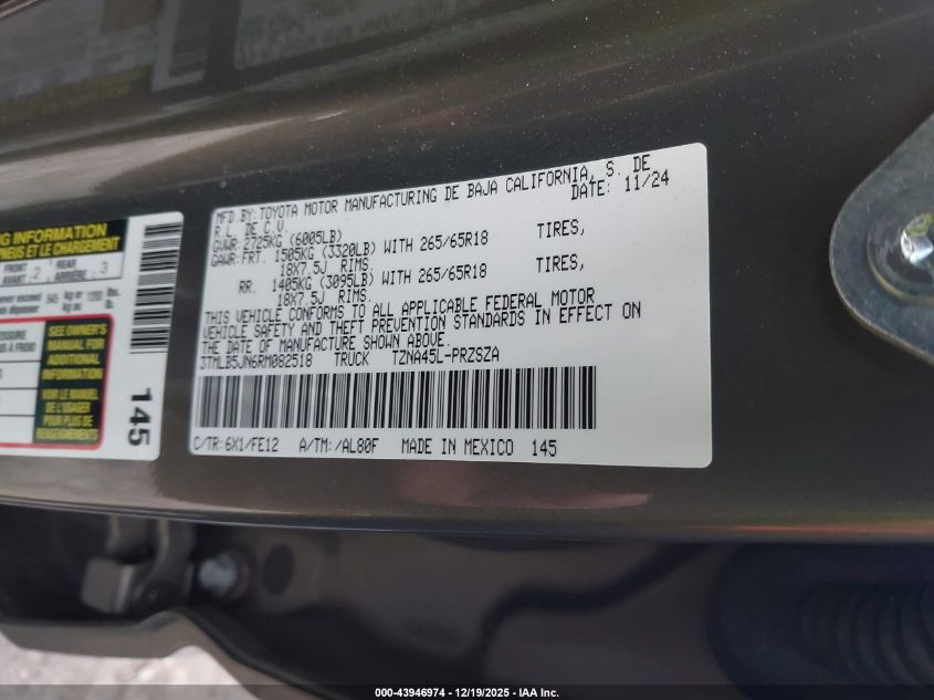 2024 Toyota Tacoma Trd Sport VIN: 3TMLB5JN6RM082518 Lot: 43946974