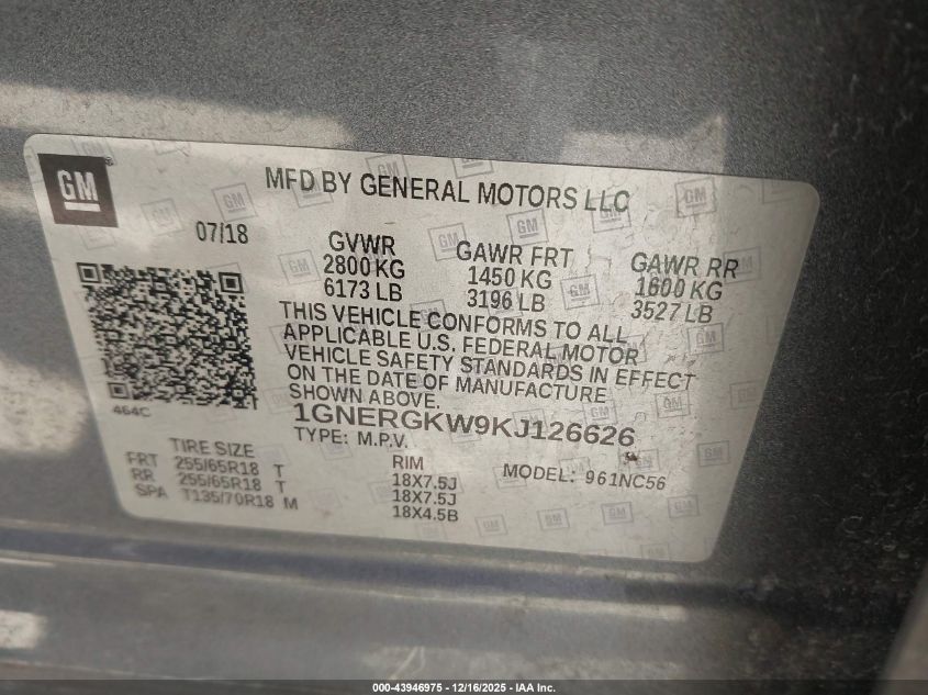 2019 Chevrolet Traverse 1Lt VIN: 1GNERGKW9KJ126626 Lot: 43946975