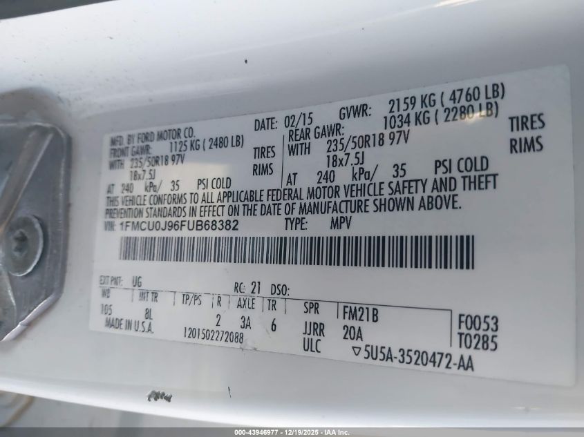 2015 Ford Escape Titanium VIN: 1FMCU0J96FUB68382 Lot: 43946977