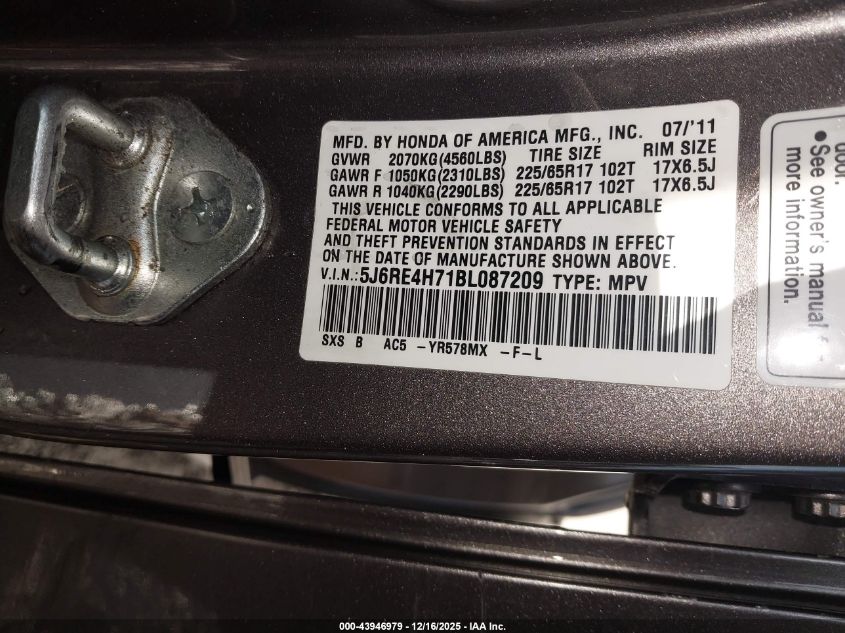 2011 Honda Cr-V Ex-L VIN: 5J6RE4H71BL087209 Lot: 43946979