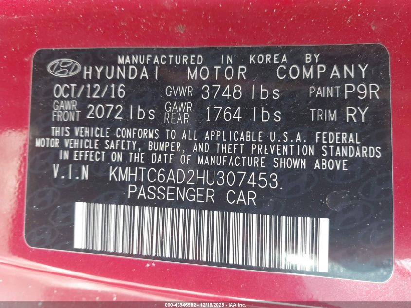 2017 Hyundai Veloster VIN: KMHTC6AD2HU307453 Lot: 43946982