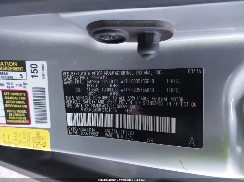 2015 Toyota Sienna Xle 7 Passenger VIN: 5TDDK3DC8FS104016 Lot: 43946983