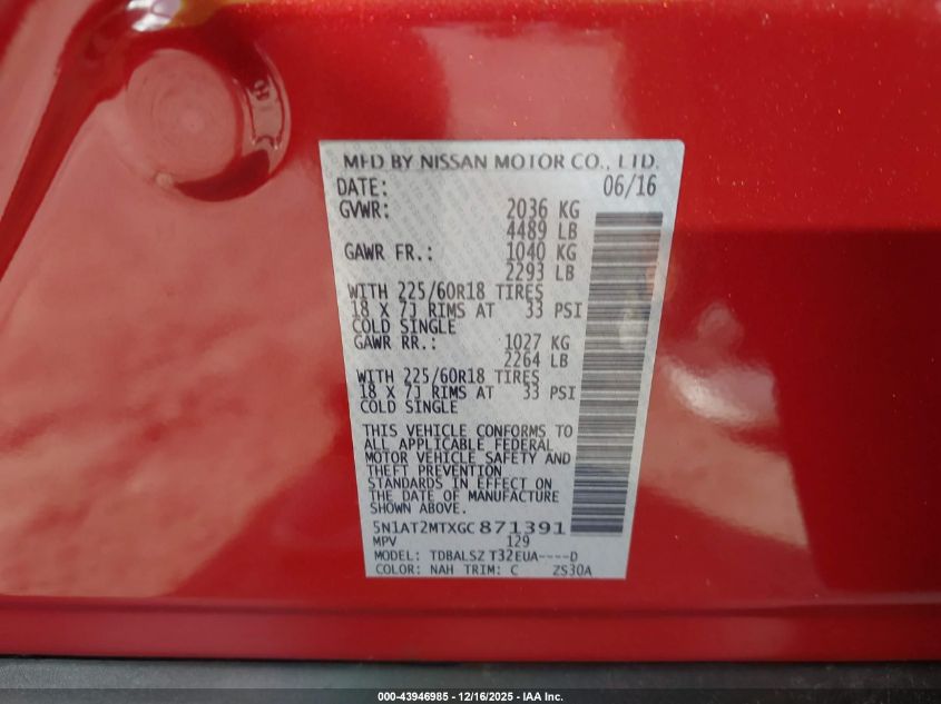 2016 Nissan Rogue Sl VIN: 5N1AT2MTXGC871391 Lot: 43946985