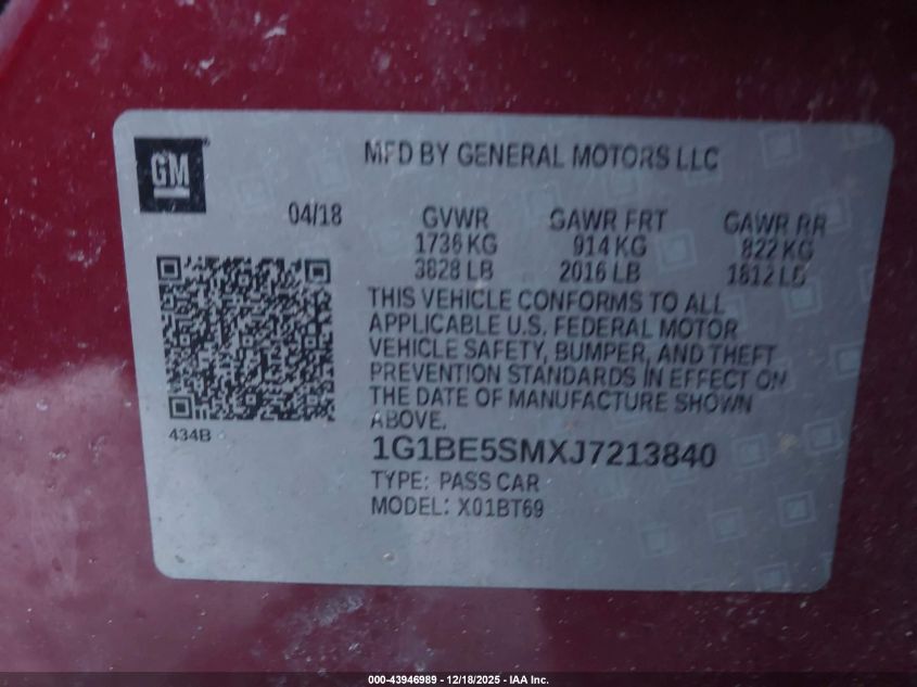 2018 Chevrolet Cruze Lt Auto VIN: 1G1BE5SMXJ7213840 Lot: 43946989