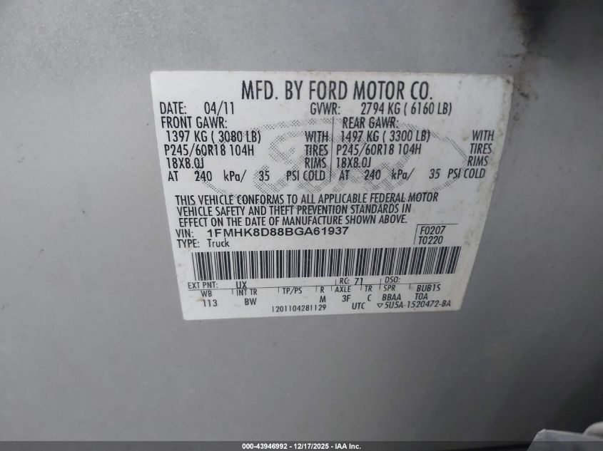 2011 Ford Explorer Xlt VIN: 1FMHK8D88BGA61937 Lot: 43946992