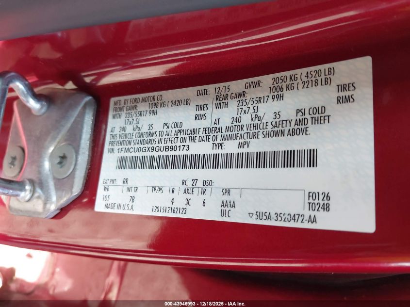 2016 Ford Escape Se VIN: 1FMCU0GX9GUB90173 Lot: 43946993