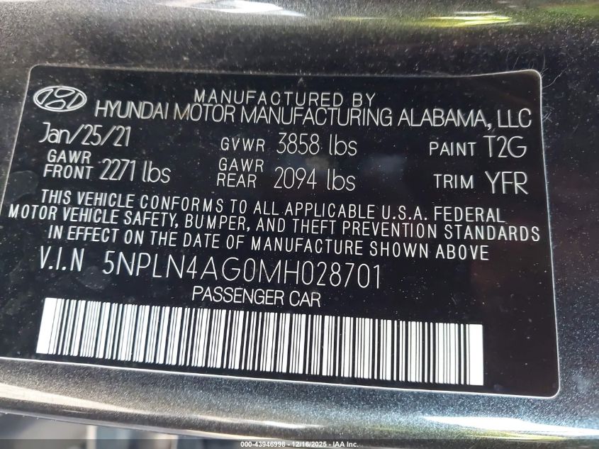 2021 Hyundai Elantra Sel VIN: 5NPLN4AG0MH028701 Lot: 43946998