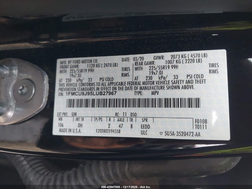 2020 Ford Escape Titanium VIN: 1FMCU9J95LUB27967 Lot: 43947000