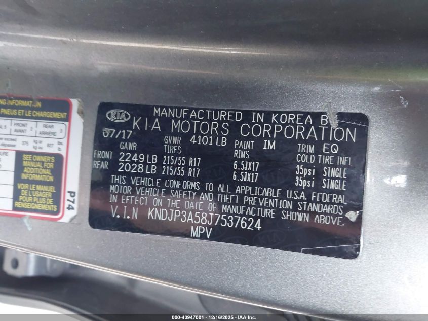 2018 Kia Soul + VIN: KNDJP3A58J7537624 Lot: 43947001