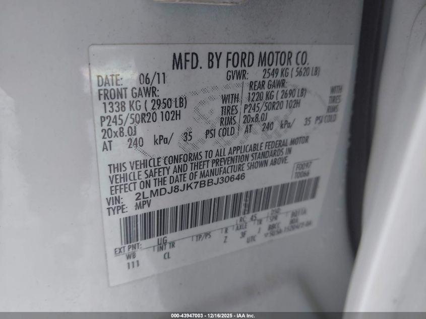 2011 Lincoln Mkx VIN: 2LMDJ8JK7BBJ30646 Lot: 43947003