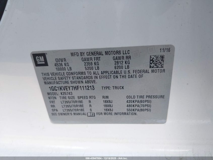 2017 Chevrolet Silverado 2500Hd Lt VIN: 1GC1KVEY7HF111213 Lot: 43947004
