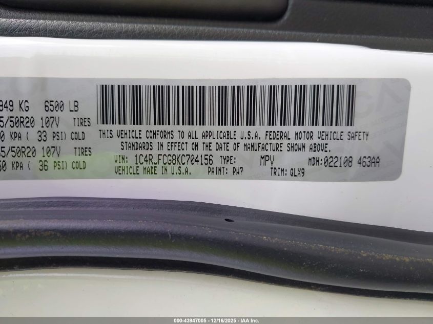 2019 Jeep Grand Cherokee High Altitude 4X4 VIN: 1C4RJFCG8KC704156 Lot: 43947005