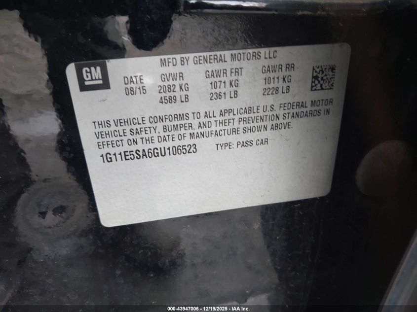 2016 Chevrolet Malibu Limited Ltz VIN: 1G11E5SA6GU106523 Lot: 43947006