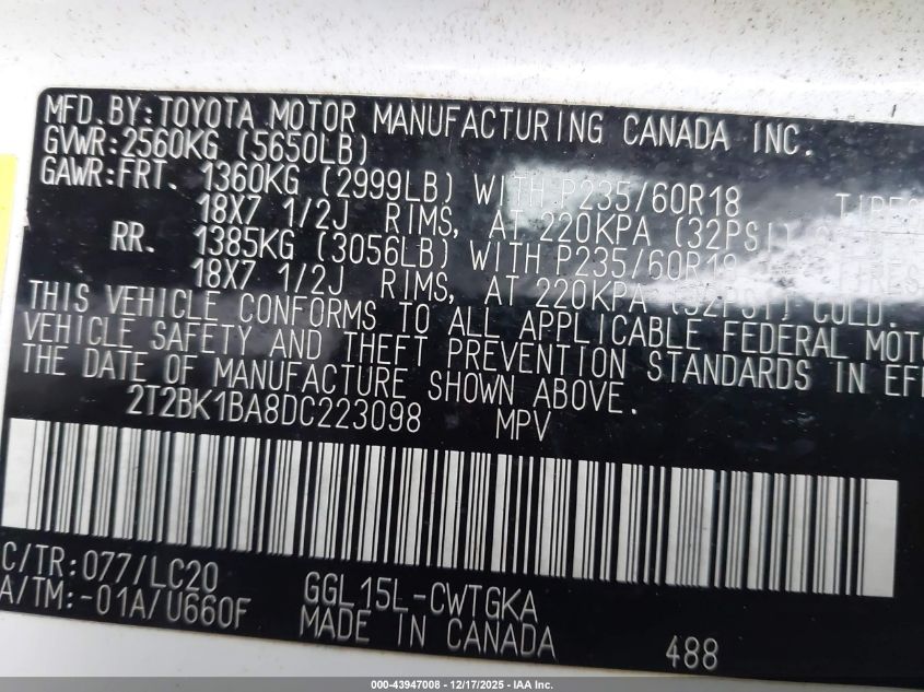 2013 Lexus Rx 350 VIN: 2T2BK1BA8DC223098 Lot: 43947008