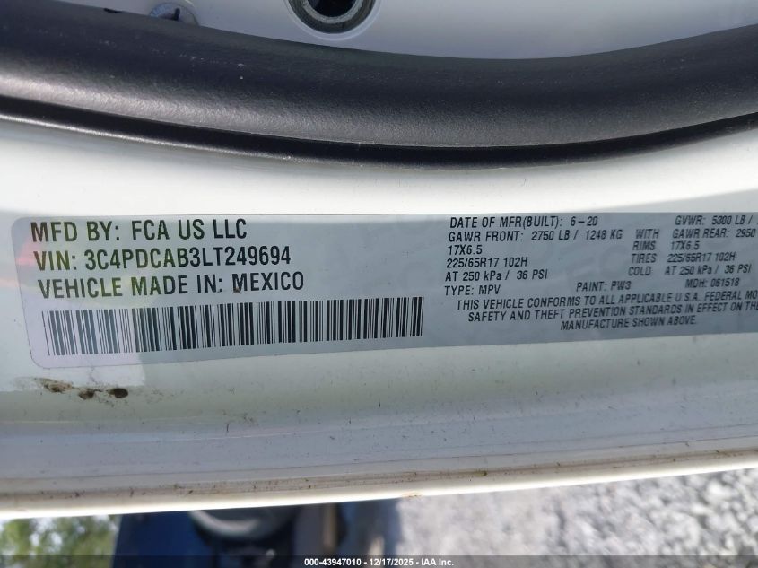 2020 Dodge Journey Se Value VIN: 3C4PDCAB3LT249694 Lot: 43947010
