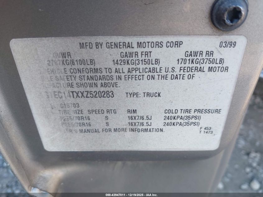 1999 GMC Sierra 1500 Sle VIN: 1GTEC14TXXZ520283 Lot: 43947011