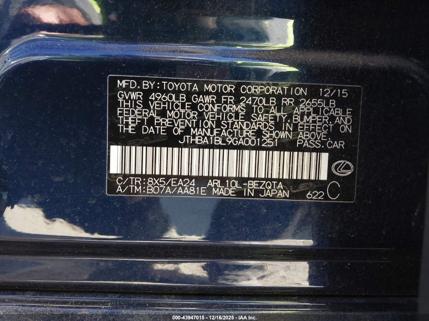 2016 Lexus Gs 200T VIN: JTHBA1BL9GA001251 Lot: 43947015