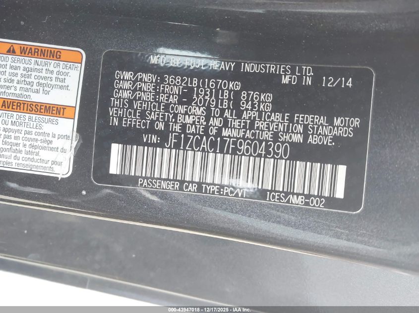 2015 Subaru Brz Limited VIN: JF1ZCAC17F9604390 Lot: 43947018
