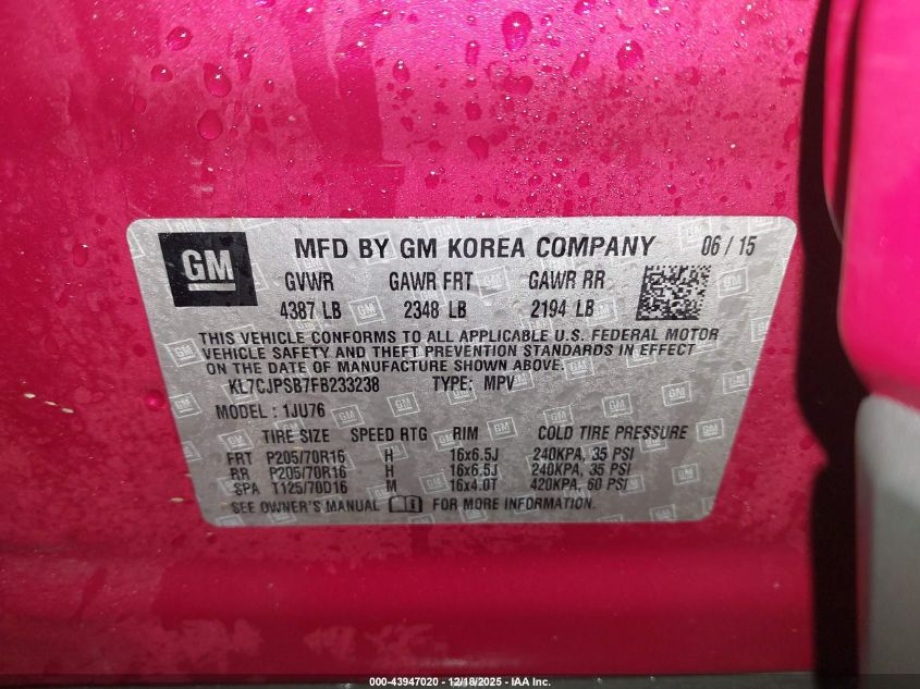 2015 Chevrolet Trax 1Ls VIN: KL7CJPSB7FB233238 Lot: 43947020