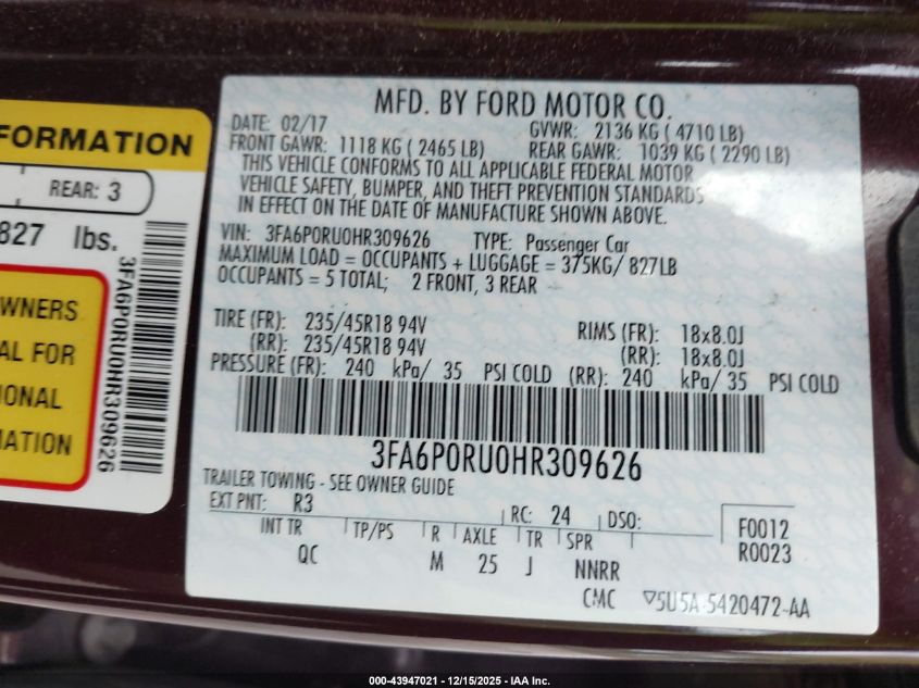 2017 Ford Fusion Hybrid Platinum VIN: 3FA6P0RU0HR309626 Lot: 43947021