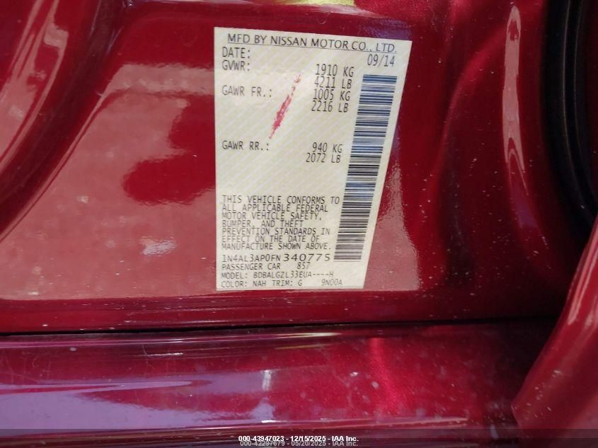 2015 Nissan Altima 2.5 S VIN: 1N4AL3AP0FN340775 Lot: 43947023