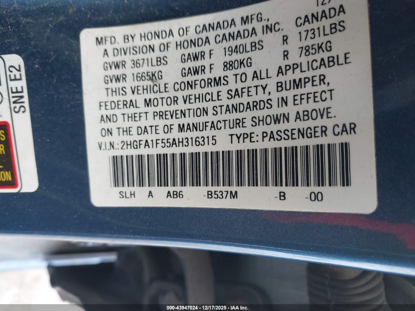 2010 Honda Civic Lx VIN: 2HGFA1F55AH316315 Lot: 43947024