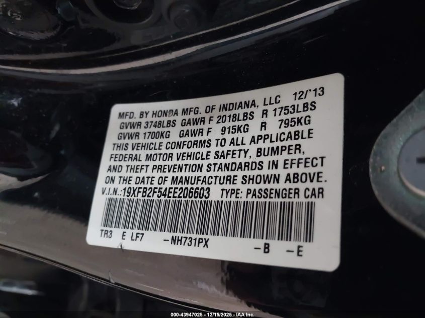 2014 Honda Civic Lx VIN: 19XFB2F54EE206603 Lot: 43947025