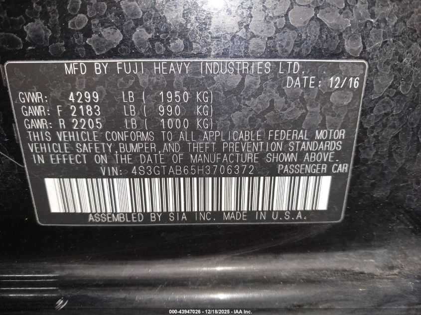 2017 Subaru Impreza 2.0I Premium VIN: 4S3GTAB65H3706372 Lot: 43947026