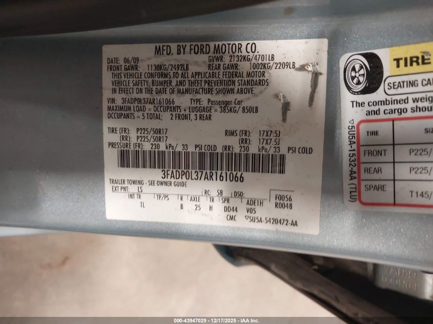2010 Ford Fusion Hybrid VIN: 3FADP0L37AR161066 Lot: 43947029