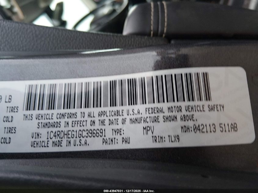 2016 Dodge Durango Citadel Anodized Platinum VIN: 1C4RDHEG1GC396691 Lot: 43947031