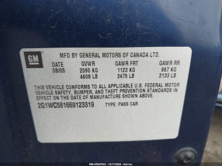 2006 Chevrolet Impala Lt VIN: 2G1WC581669123319 Lot: 43947033