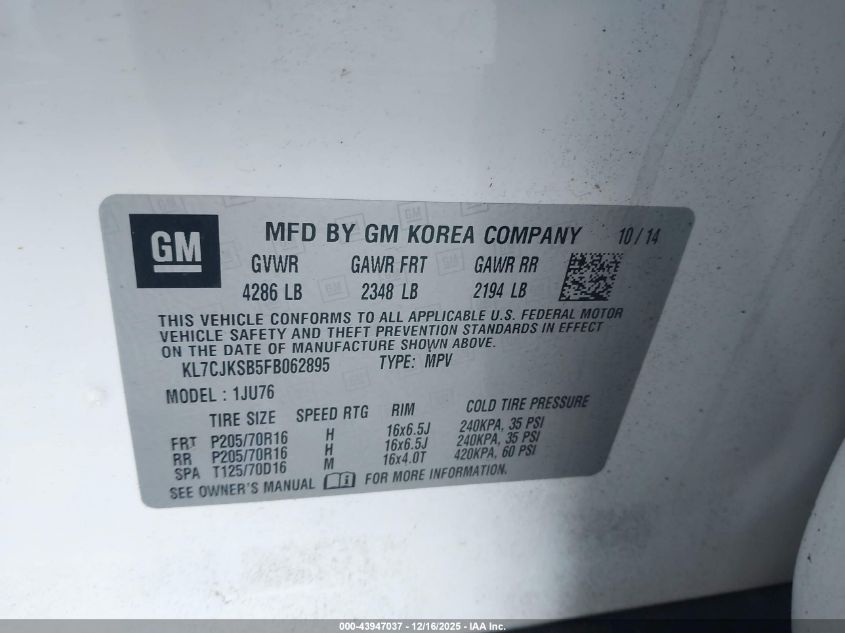 2015 Chevrolet Trax 1Ls VIN: KL7CJKSB5FB062895 Lot: 43947037