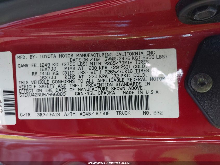 2009 Toyota Tacoma Base V6 VIN: 5TEUU42N09Z666889 Lot: 43947043