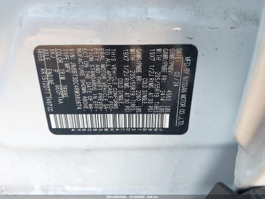 2024 Nissan Rogue Platinum Fwd VIN: JN8BT3DC4RW380674 Lot: 43947049