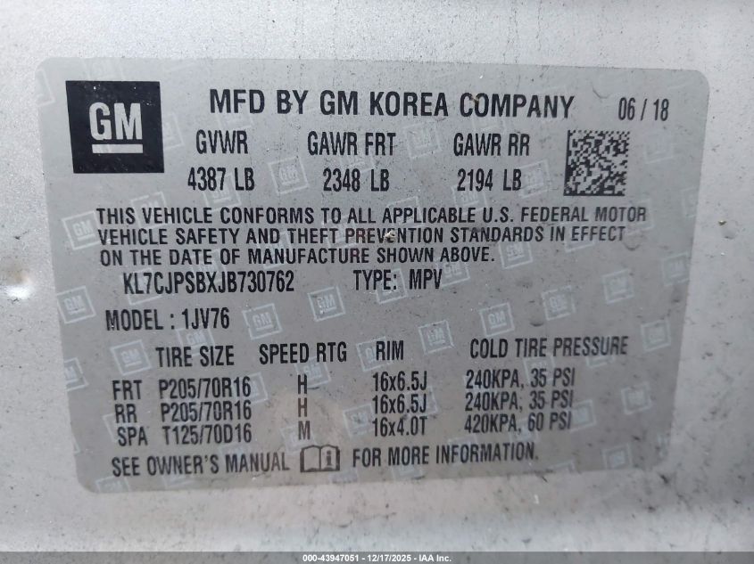 2018 Chevrolet Trax Lt VIN: KL7CJPSBXJB730762 Lot: 43947051