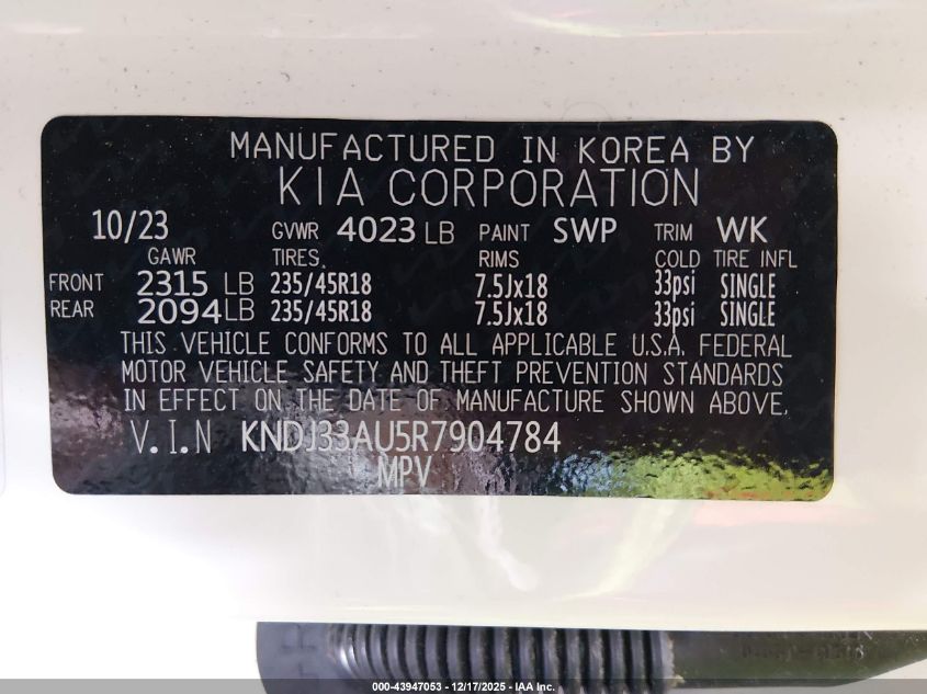 2024 Kia Soul Ex VIN: KNDJ33AU5R7904784 Lot: 43947053