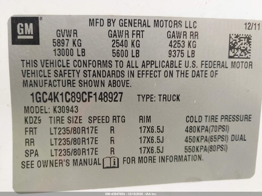 2012 Chevrolet Silverado 3500Hd Ltz VIN: 1GC4K1C89CF148927 Lot: 43947054