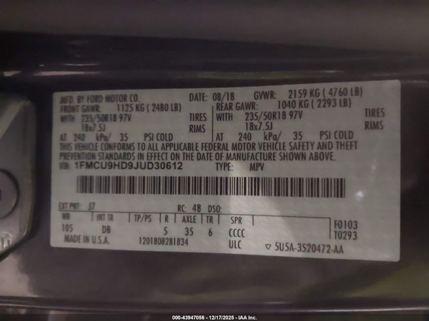 2018 Ford Escape Sel VIN: 1FMCU9HD9JUD30612 Lot: 43947056