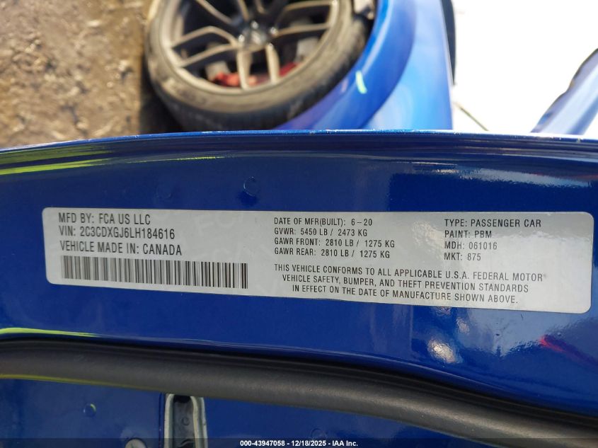 2020 Dodge Charger Scat Pack Widebody Rwd VIN: 2C3CDXGJ6LH184616 Lot: 43947058