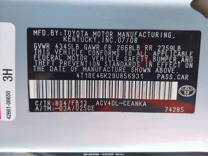 2009 Toyota Camry Le VIN: 4T1BE46K29U856931 Lot: 43947060