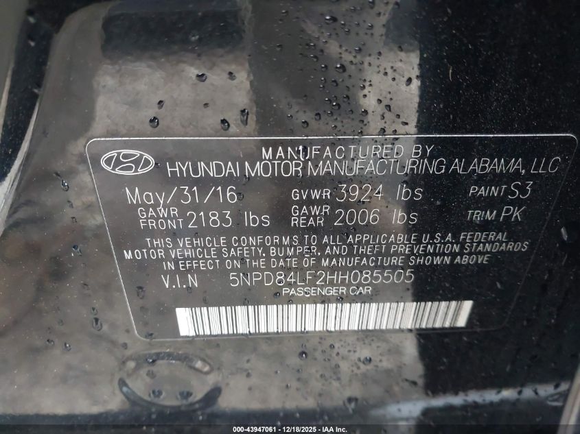 2017 Hyundai Elantra Se VIN: 5NPD84LF2HH085505 Lot: 43947061