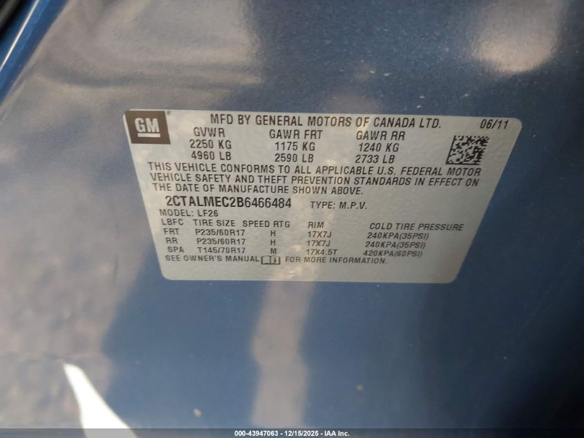 2011 GMC Terrain Sle-1 VIN: 2CTALMEC2B6466484 Lot: 43947063