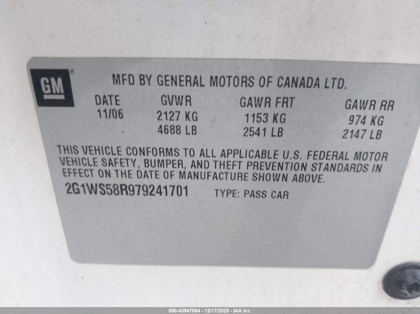 2007 Chevrolet Impala Police VIN: 2G1WS58R979241701 Lot: 43947064